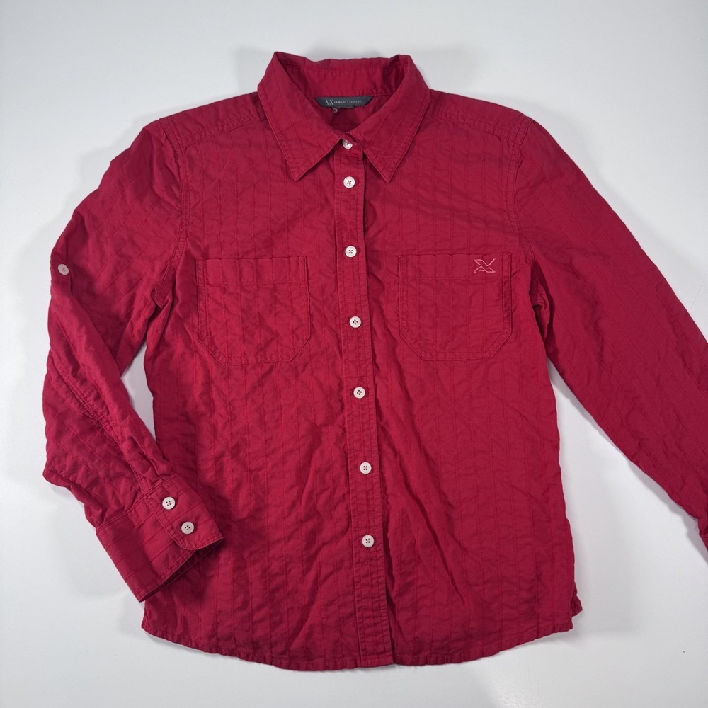 AX ARMANI EXCHANGE Roll Tab Button Down Womensβ Small ? Red Textured Fabric